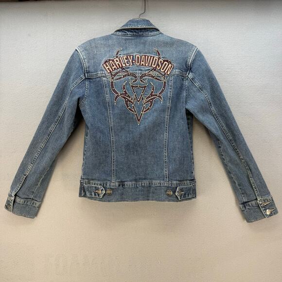 Harley-Davidson Jackets & Blazers - Harley Davidson Denim Jean Jacket Women's S Blue Embroidered Studded Logo EUC